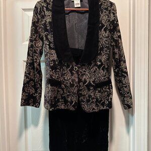 80s Vtg Scott McClintock Black Velvet Gold Rhinestone Fitted Evening Prom Suit